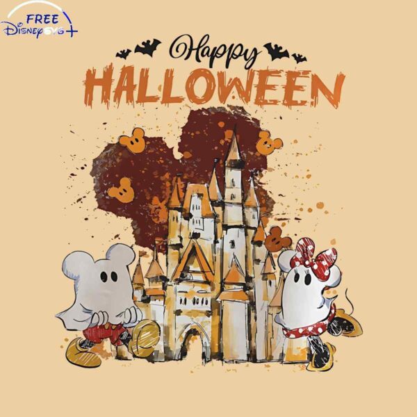 Whimsical Disney Watercolor Castle with Mickey and Minnie Ghost SVG